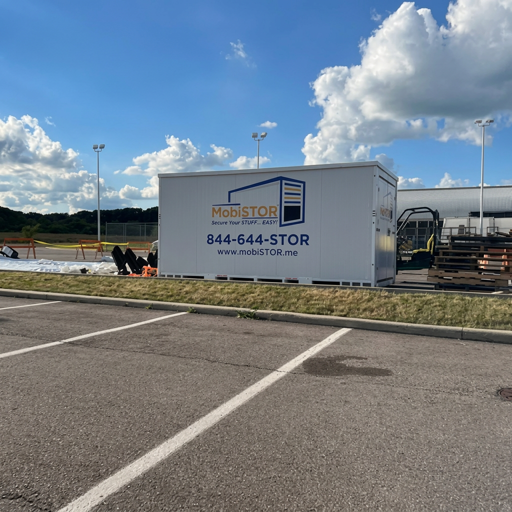Mobistor portable storage container placed on an active job site